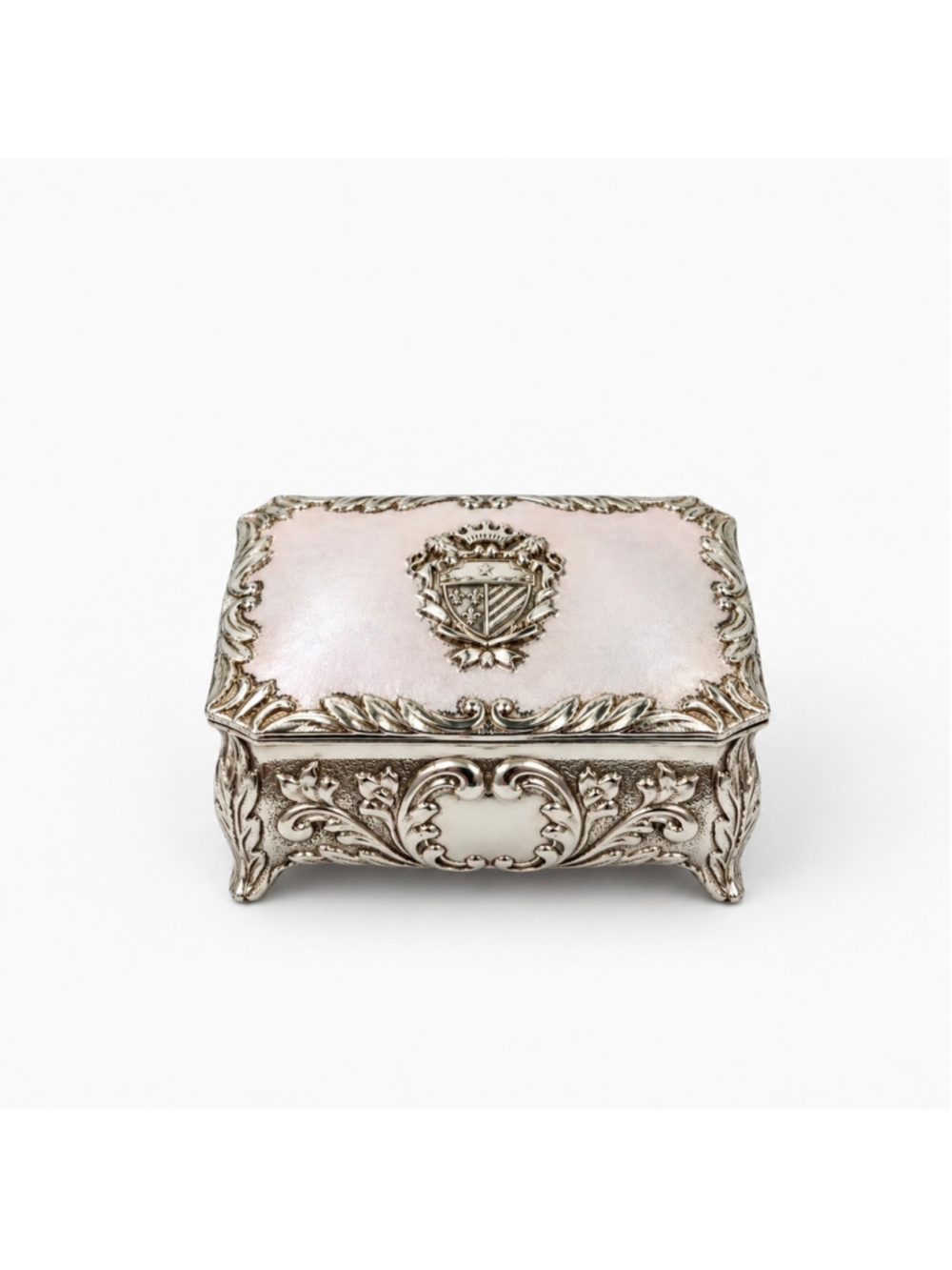 Vintage 1960s Japanese Jewelry Box, Pink Pearl-Tone Lid, Heraldic Crest